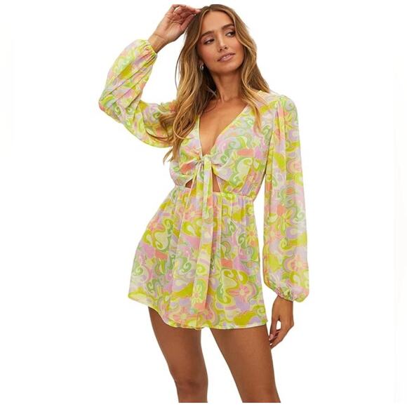 Beach Riot Yellow Pink Romper Cover Up Medium Tie Front V Neck - Picture 1 of 12